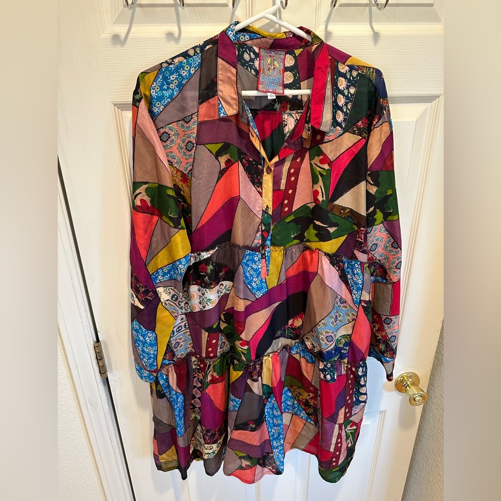Johnny Was Silk Multicolor Patchwork Dress